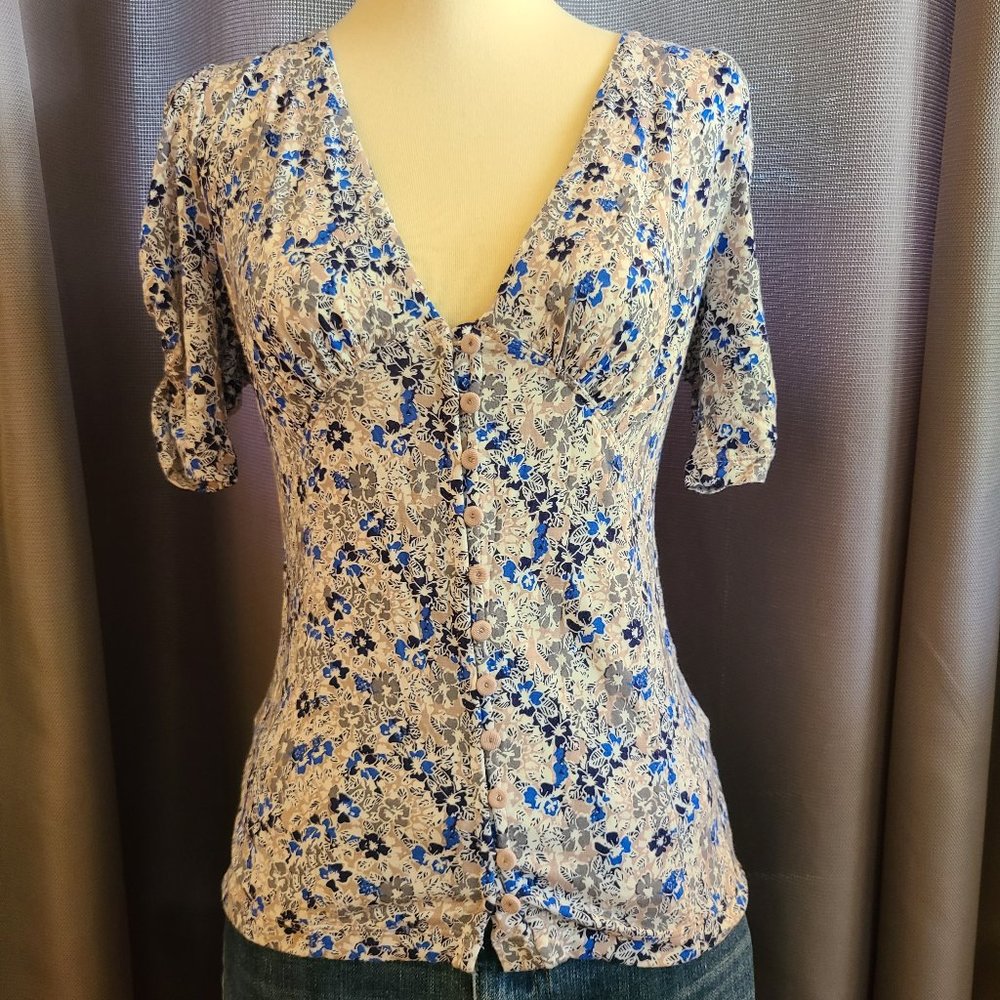Free People Floral Ruched Sleeve Top w/ Buttons